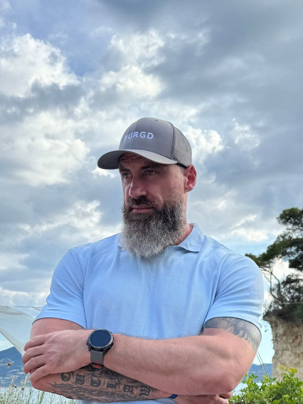 PURGD Embroidered Trucker Cap — Grey / Red / Black - Purgd Gym Wear
